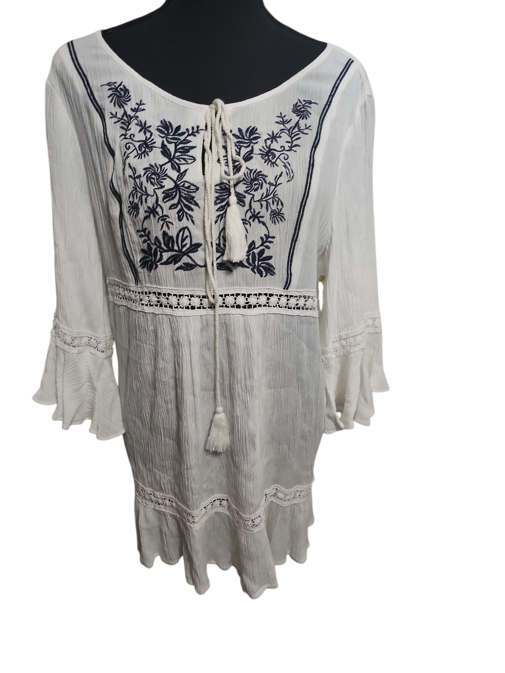 JODIFL Cream White Dress with Navy Floral Embroidery